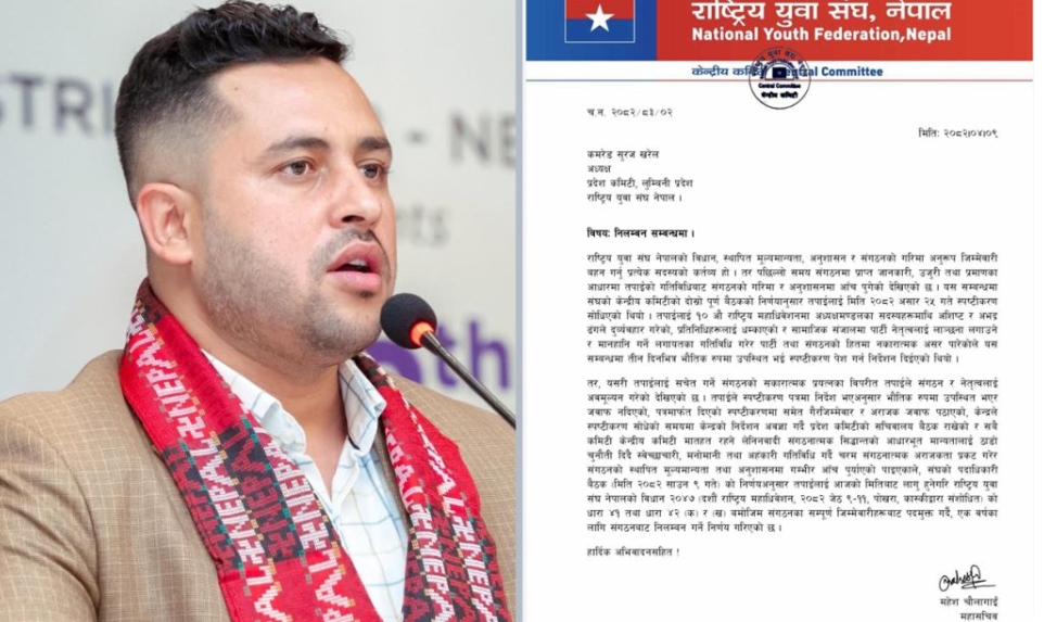 विद्या भण्डारीको समर्थन गरेपछि युवा संघ अध्यक्ष सुरज खरेल निलम्बन