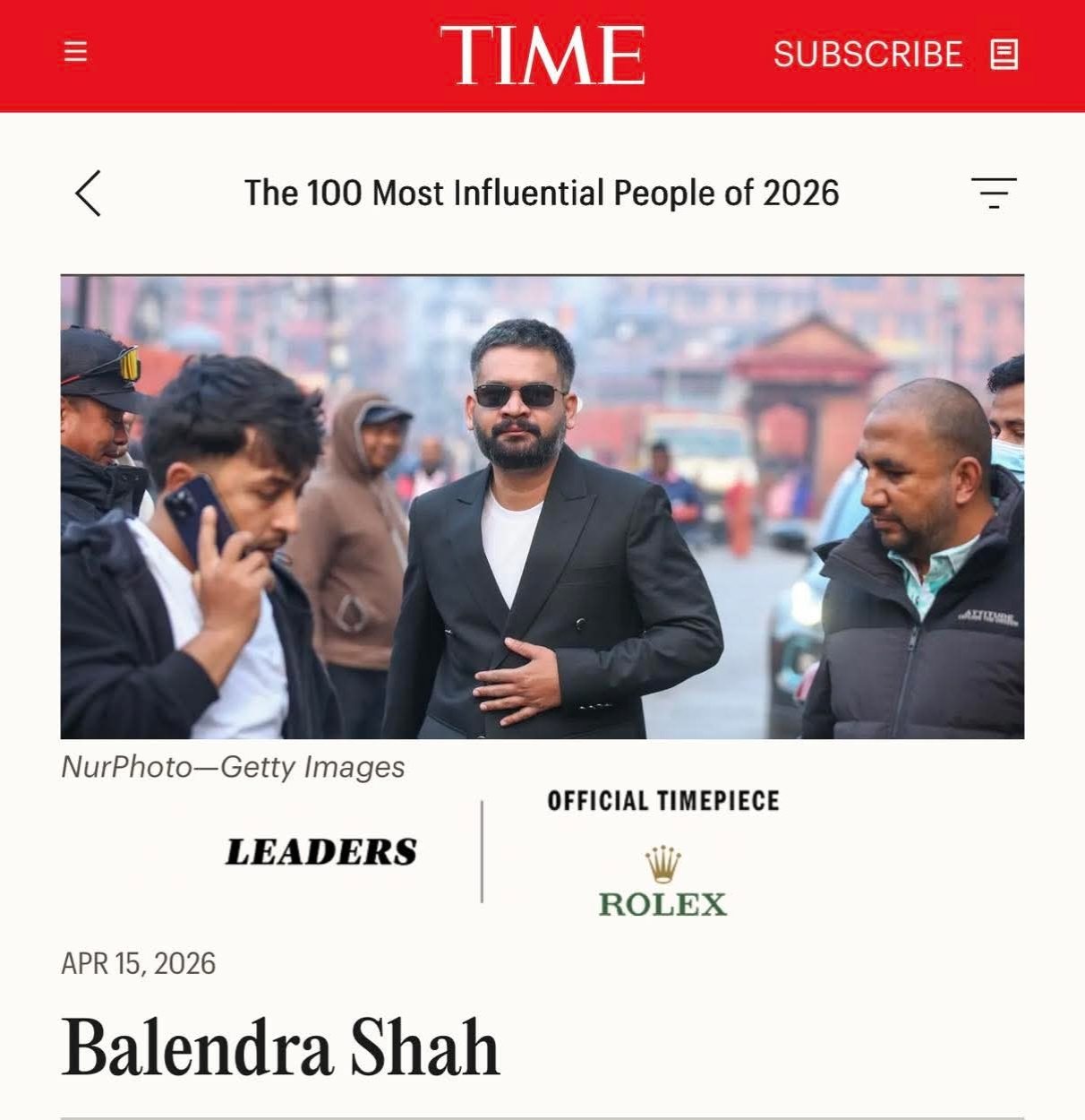 टाइमको १०० प्रभावशाली सूचीमा प्रधानमन्त्री बालेन्द्र शाह