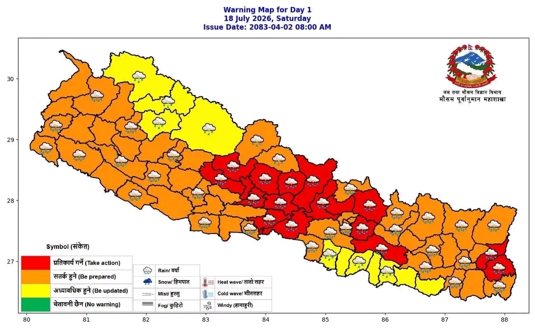 दुई दिन देशभर वर्षा बढ्ने, केही क्षेत्रमा अति भारी पानी पर्ने चेतावनी